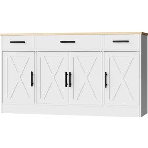 Shintenchi Buffet Cabinet with Storage,53.4" Large Kitchen Storage Cabinet with 3 Drawers and 4 Doors,Wood Farmhouse Buffet Cabinet with Adjustable Shelf for Kitchen Living Room,White, Open Compartment & 3 drawers & 4 doors