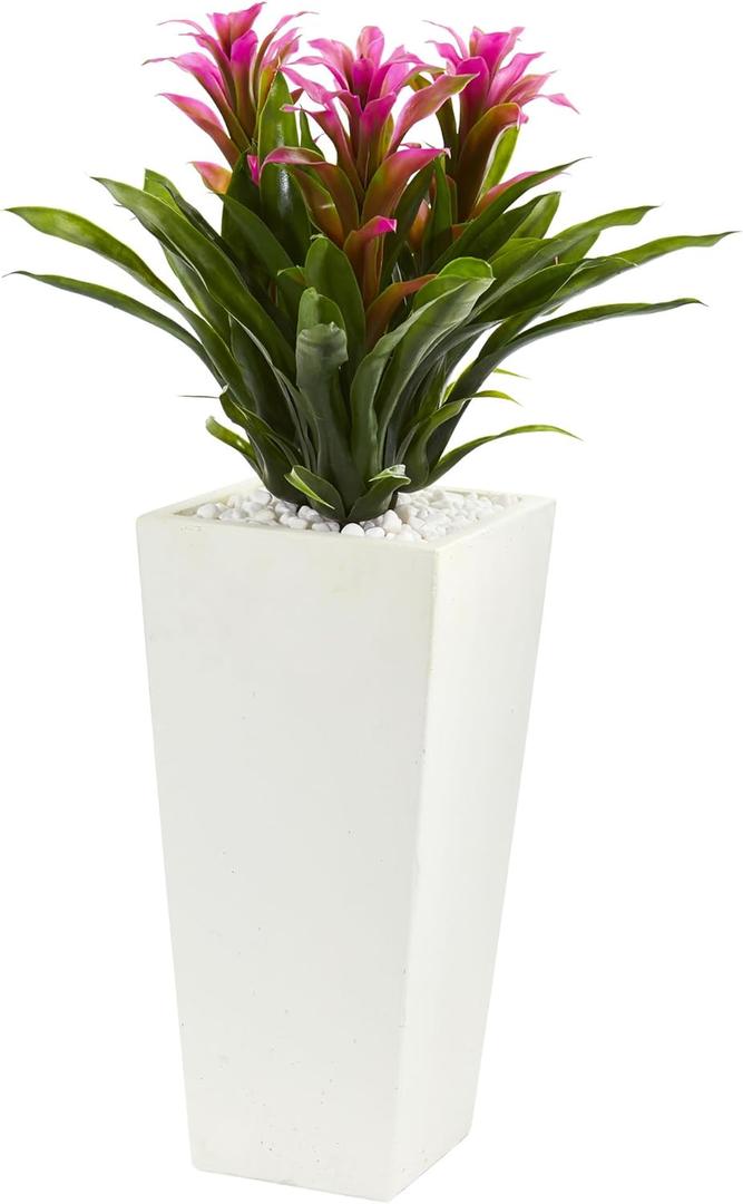 Nearly Natural Triple Bromeliad Artificial Plant in White Tower Planter (Purple)