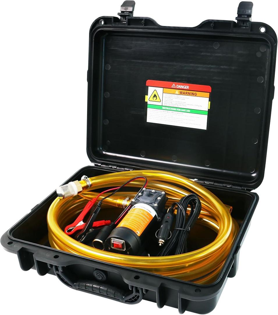 12V Fuel Transfer Pump Moves 120 Gallons of Gas or Diesel Per Hour. With Car Cigarette Lighter Plug, Battery Clip and Upgraded Carrying Case, for UTVs, Vehicles, Boats, Equipment.(80W)