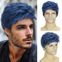 DDHAIR Short Dark Blue Wig Men, Natural Wavy Textured Synthetic Heat Resistant Wigs for Mens Cosplay Halloween (Blue)