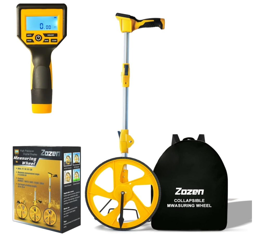 Zozen Measuring Wheel in Feet and Inches, Mechanical/Double Collapsible/One Key to Reset/Kickstand to Keep Stand/Starting Point Arrow and Cloth Carrying Bag, 09,999 Ft Measure Wheel.