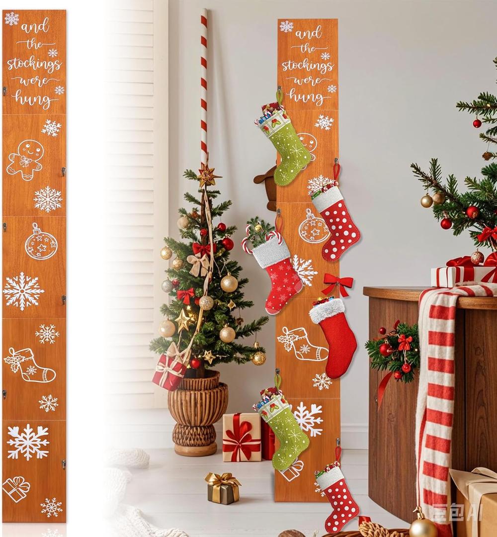 70 Inch Christmas Stocking Holder with 6 Hooks, Wooden Xmas Stocking Hangers Vertical Stocking Holder for Mantel Wall Fireplace Collapsible Stockings Hung Xmas Home Holiday Festival Decoration