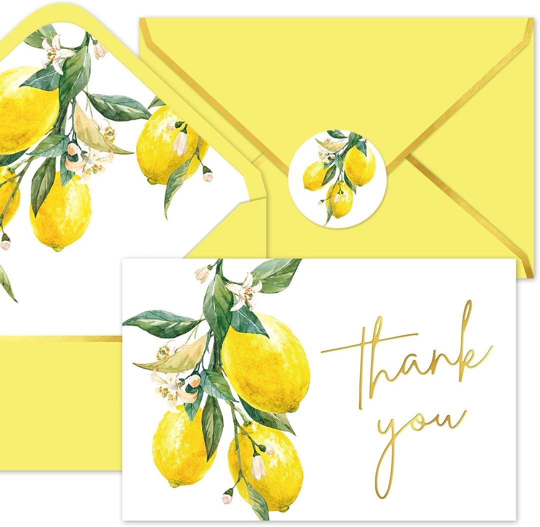 Whaline 50 Pack Lemon Gold Foil Thank You Cards Boxed Greeting Cards with Envelopes Stickers Yellow Lemon Flower Blank Note Card for Spring Summer Birthday Baby Shower Party Supplies