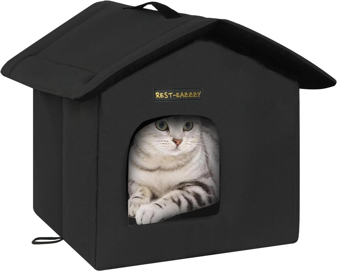 Rest-Eazzzy Cat House for Outdoor Cats, Weatherproof and Insulated Feral Cat House with Mat and Canopy, Easy to Put Together, Selfwarming Cat Shelter for Winter(13 * 13 * 14" Black with Support)