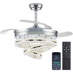 Modern Fandelier Ceiling Fans with LED Light and Remote APP Control, Crystal Chandelier Fan Retractable Blades Quiet DC Motor for Bedroom, Living Room, 42 Inch Blade Span (ChromeA)