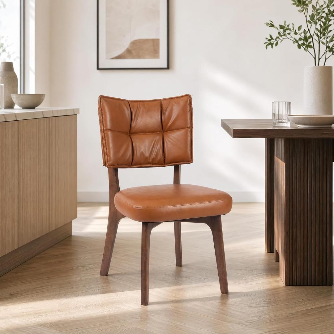 YOUNIKE Wood Frame Brown Dining Chair, Faux Leather, Single Pack