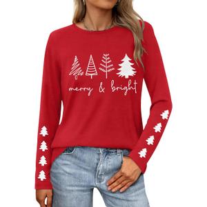 Christmas Shirts for Women Merry and Bright Long Sleeve T-Shirt Crew Neck Xmas Holiday Tee Tops (Large, Red)