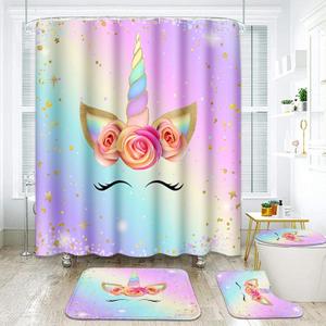 Arttown Pink Unicorn Rainbow Bathroom Set with Shower Curtain and Rugs and Accessories, Colorful Gradient Floral Shower Curtains, Modern Art Bathroom Decor 4 Pcs