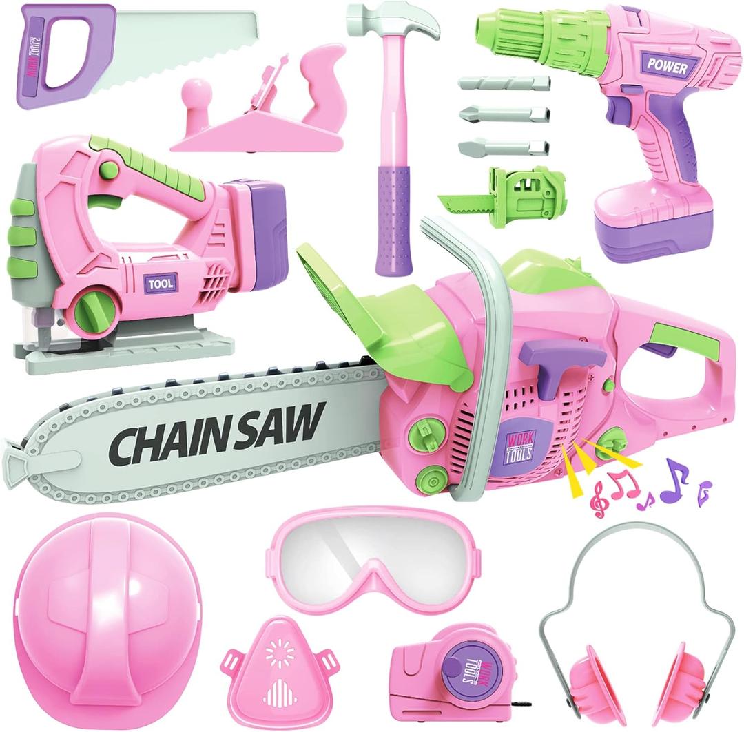 Kids Tool Set with Electric Toy Drill Chainsaw Jigsaw Toy Tools for Girl, Realistic Kids Power Construction Pretend Play Tools Set Toddler Toys Playset Kit for Toddler Boy Girl Kid Child Tool Toy Pink