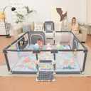 Playpen for Babies and Toddlers,73"x71"Baby Playpen with Mat IndoorOutdoor with Breathable Play Pen with Ocean Balls Hanging Pocket Basketball Hoop and Football Goal (Grey with Mat, 73"x71")