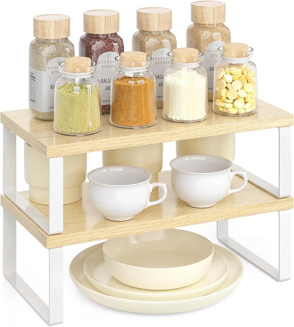 Cabinet Organizer Shelf, Set of 2 Stackable Wooden Spice Racks for Kitchen Counter, Pantry Storage, or Office  Space-Saving Shelves, Side-by-Side & Vertical, Natural Wood Color