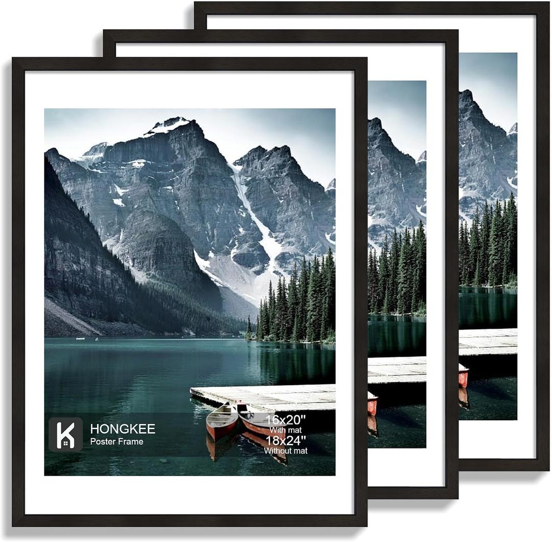 Hongkee 18x24 Frame Set of 3 - Display 16x20 Photo with Mat or 18 x 24 Poster without Mat, Wall Mounting Horizontal and Vertical, Black