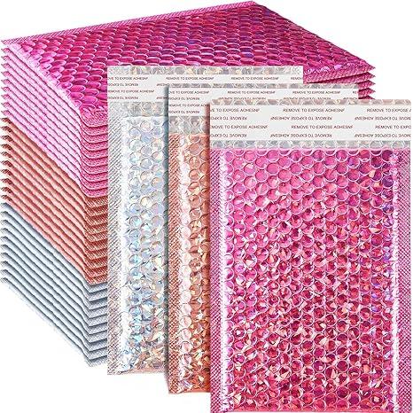 Henoyso 60 Pcs 6 x 9.5 Inch Holographic Bubble Mailers Metallic Bubble Envelopes Usable Size 5.12" x 7.87" Waterproof Self Seal Shipping Bags for Makeup Jewelry Small Business Packaging, Rainbow Color