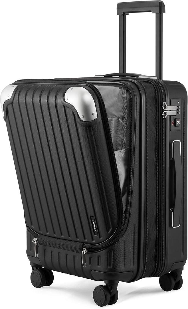 LEVEL8 Grace Hard Shell Carry on Luggage with Front Compartment, 20 Inch Expandable Suitcases with Wheels, Lightweight Carry-on Suitcase for Airplane, Tsa Lock, Black