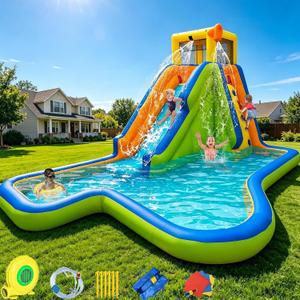 BESTPARTY 6 in 1 Inflatable Water Slide Bounce House, 15.3x9.5x7.9FT 300LBS Weight Limit, Wet Dry Outdoor Water Park with Climbing Wall, Splash Pool, Sprinkler, Includes 370W Blower & Storage Bag, 184 inches x 114 inches x 95 inches