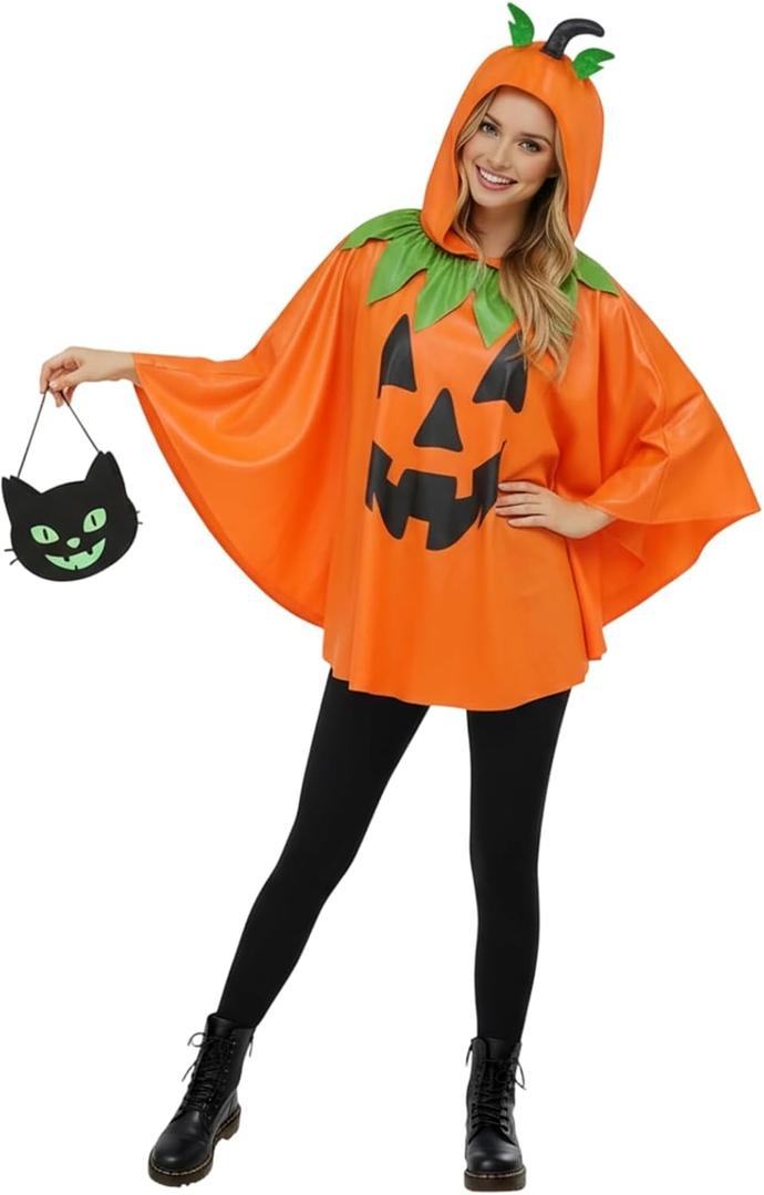 Hooded Adult Pumpkin Poncho Costume for Women - 2025 Christmas Jack-O'-Lantern Poncho & Candy Bag, One Size (Orange)