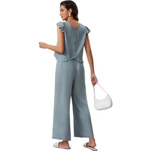 OYOANGLE Women's Two Pieces Outfits Solid Cap Sleeve Top And Long Pants Summer Vocation Travel Lounge Sets (Large)