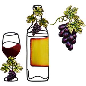 NewVees Metal Wall Decor, Kitchen Champagne Decoration - Red Champagne Glass & Bottle Fake Grape Hanging Ornament for Home, Living Room, Dining Room, Bedroom, Bar - Indoor/Outdoor, 3 pcs, 11 inch (set of 3)