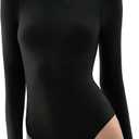 PUMIEY Women's Crew Neck Long Sleeve Bodysuit Second-skin Feel Tops Smoke Cloud Collection (01 Jet Black)