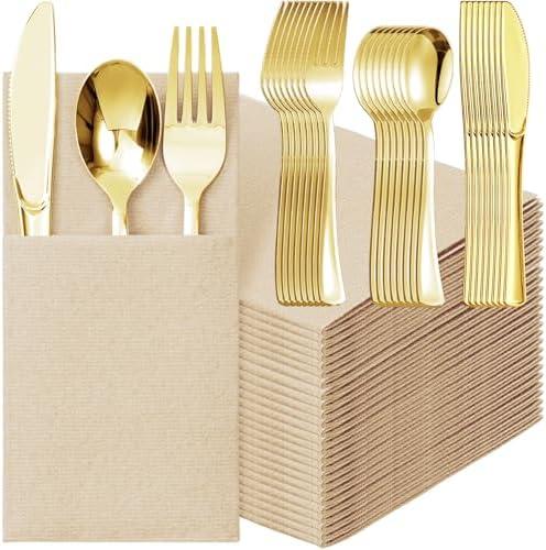 Tioncy 15 Pack Gold Plastic Silverware Set with Napkins, Linen Touch Napkins and Plastic Cutlery Set Gold Disposable Dinnerware with Forks Spoons Knives(Champagne)