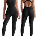 RXRXCOCO Women Backless One Piece Jumpsuits Sleeveless Scoop Neck Bodycon Romper Seamless Workout Yoga Jumpsuits, Large