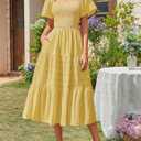 MEROKEETY Women's 2026 Summer Flowy Midi Maxi Dress Short Sleeve Square Neck Smocked Tiered Ruffle Boho Dresses with Pockets (Yellow, S)