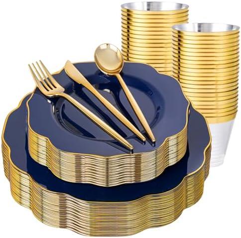bUCLA 180PCS Blue Plastic Plates - Navy Blue and Gold Rim Disposable Include 30 Each (Dinner & Dessert) Plates, 30 Knives, 30 Forks, 30 Spoons and 30 Cups, Ideal for Party, Gathering and Hanukkah