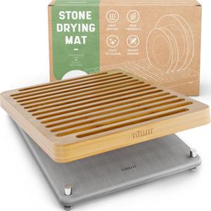 Stone Drying Mat for Kitchen Counter & Bamboo Rack - 16x12 - Diatomaceous Earth Dish drying mat Ultra Absorbent & Fast Drying - EcoFriendly with Non-Slip Pads & Anti-Moisture Design