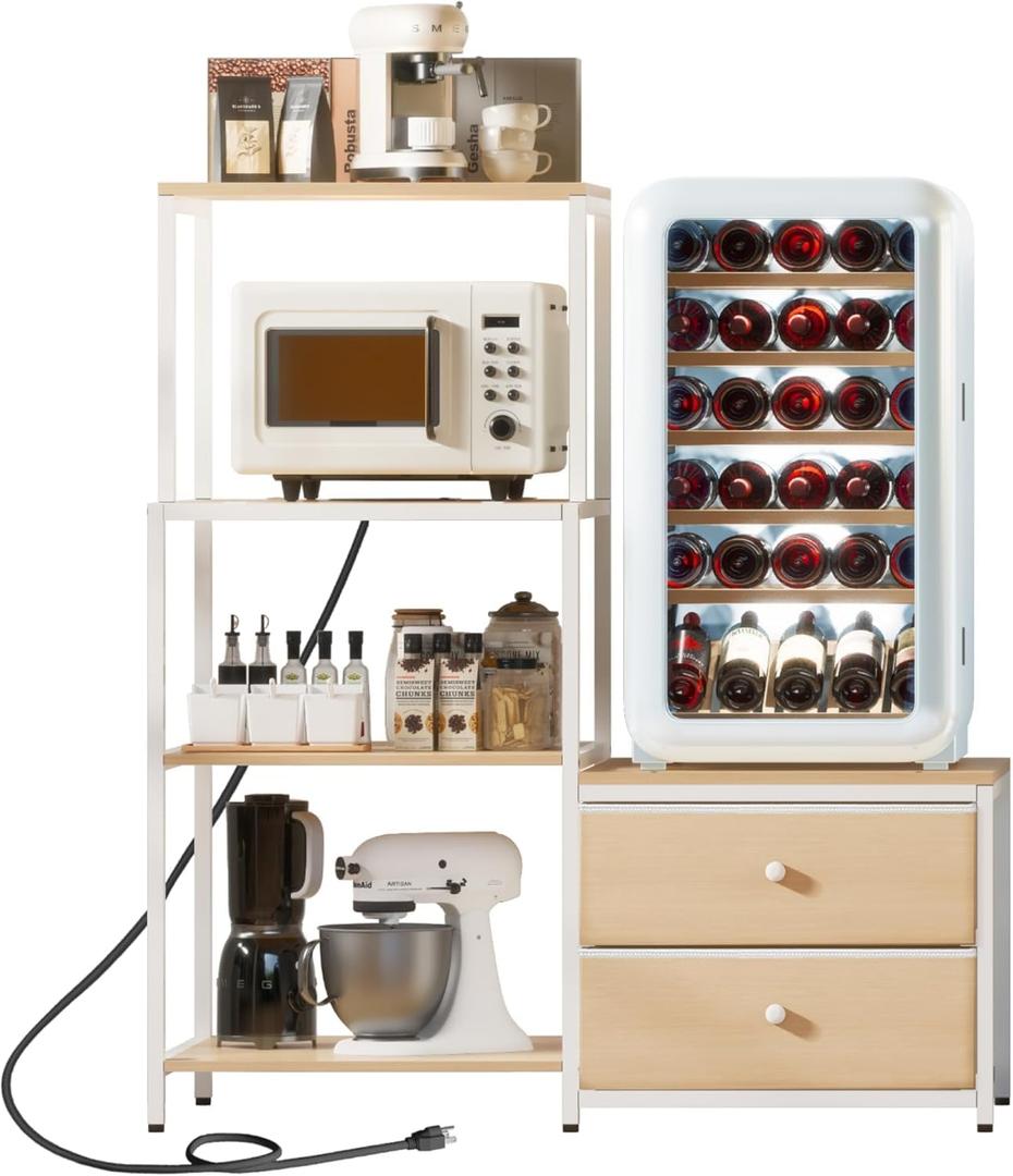 Mini Fridge Stand with Storage - Microwave Bakers with Power Outlet, Coffee Bar Cabinet Station, 4-Tier 2 Drawer Fridge Stand (White Oak)