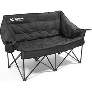 Huskfirm Double Camping Chair Padded Camping Chairs Heavy Duty 2 Person Camping Chair Oversized Loveseat Camping Chair with Cup Holders Camping Couch Support 800LBS, Black