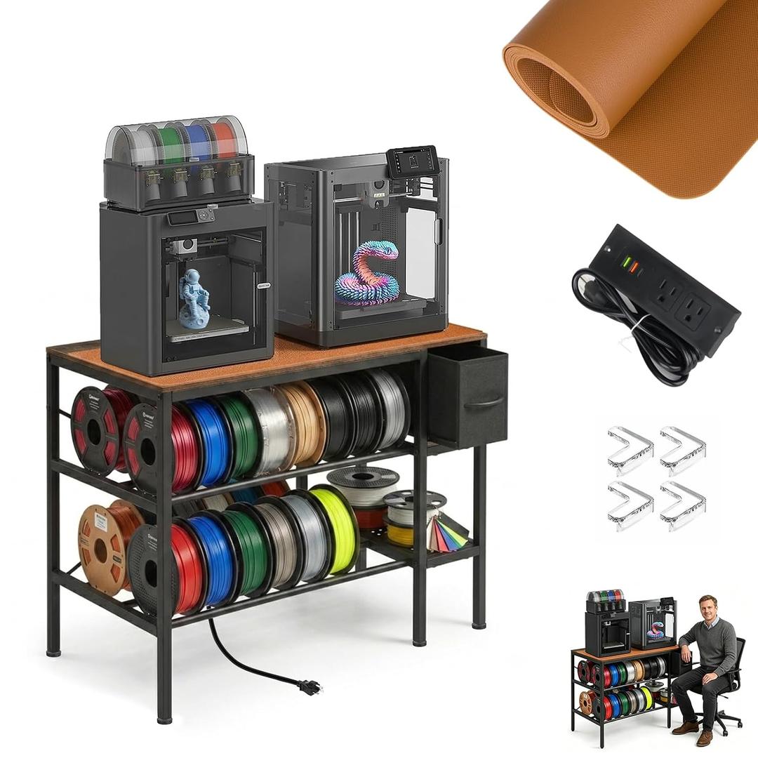 Sturdy Stable No Wobbly 3D Printer Stand with Filament Storage and Drawer, Heavy Duty 3D Printer Table 39.4"x23.6" Burnt Wood Color, 3D Printer Desk for Workshop Studio Office