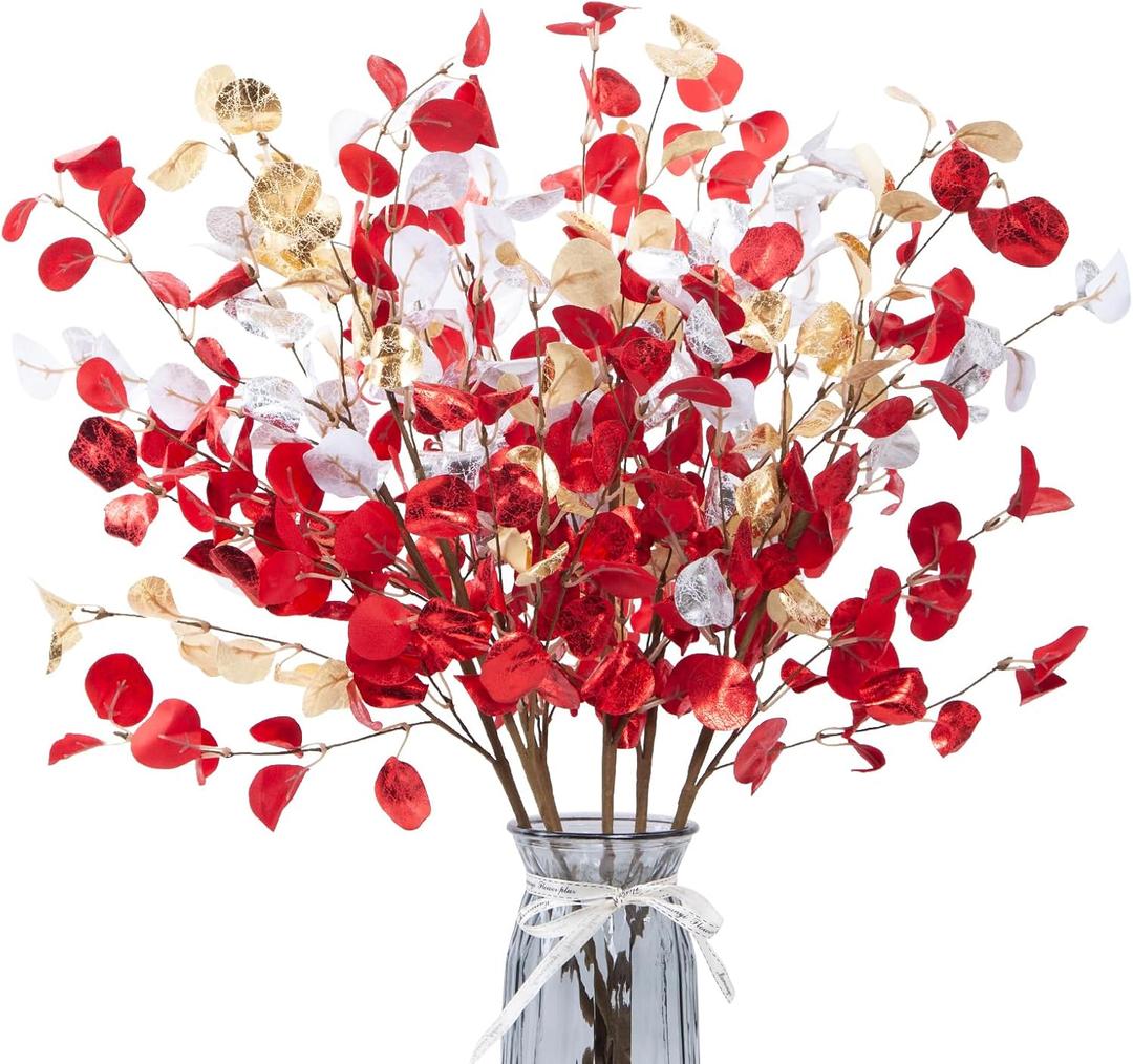 6pcs Eucalyptus Stems Fake Red Gold Silvery Christmas Decorations Leaves Artificial Silk Flowers Bouquet Faux Branches Centerpiece Flores Plants for Home Party Decor Wedding Decoration