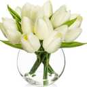 DILATATA Artificial White Tulips in Vase with Faux Water 6" Real Touch Flowers Fake Tulips Small Flowers Arrangement in Round Glass Vase for Mother's Day Table Centerpiece Wedding Home Decor