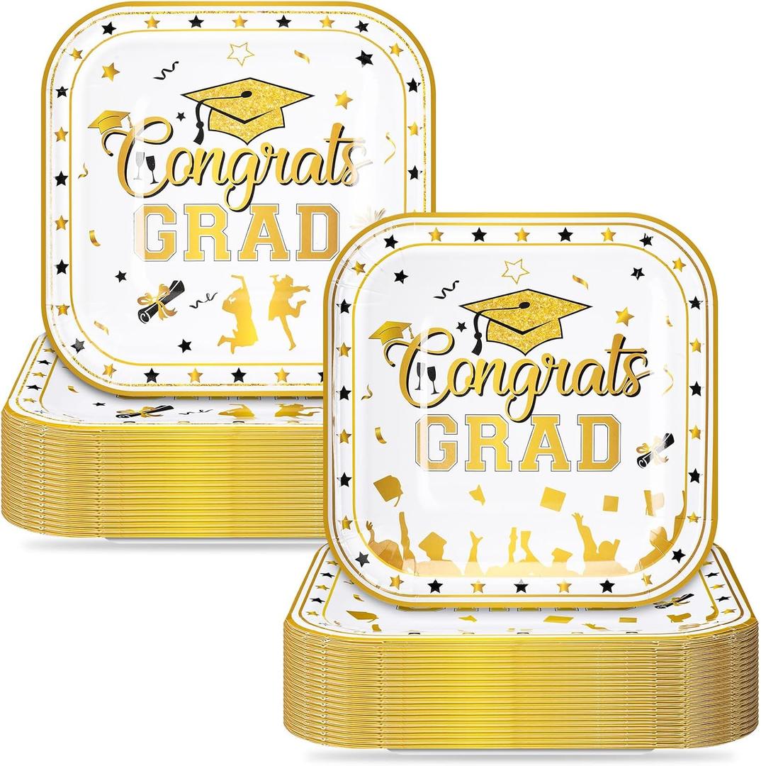 SiliFine White and Gold 100 Pcs 2026 Graduation Small Paper Plates 7 Inch Cake Dessert Plates Bulk Graduation Decoration Disposable Dinnerware for Congrats Grad Party Favors Supplies