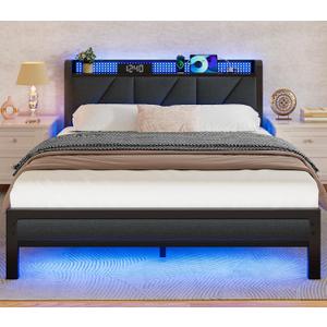 Furnulem Queen Bed Frame with Headboard and Storage Shelf, LED Light and Charging Station, Metal Platform Bed with Heavy Duty Slats, No Box Spring Needed, Noise Free & Easy Assembly