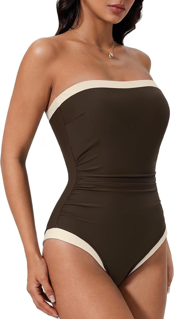 SUUKSESS Women One Piece Tummy Control Swimsuit Strapless Bandeau Bathing Suit (Brown, Small)