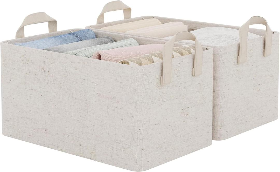 StorageWorks Storage Bins, Shelves Baskets for Organizing, Fabric Closet Organizers with Handles, Metal Frame, Beige-Cotton-linen, 2-Pack (14 " L x 10 " W x 8 " H)
