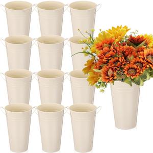 Chumia 10 Pcs Galvanized Flower Bucket 9 Inch Metal Vase Farmhouse Rustic French Flower Bucket with Handles for Home Floral Centerpiece Container Wedding Table Decor(Beige)