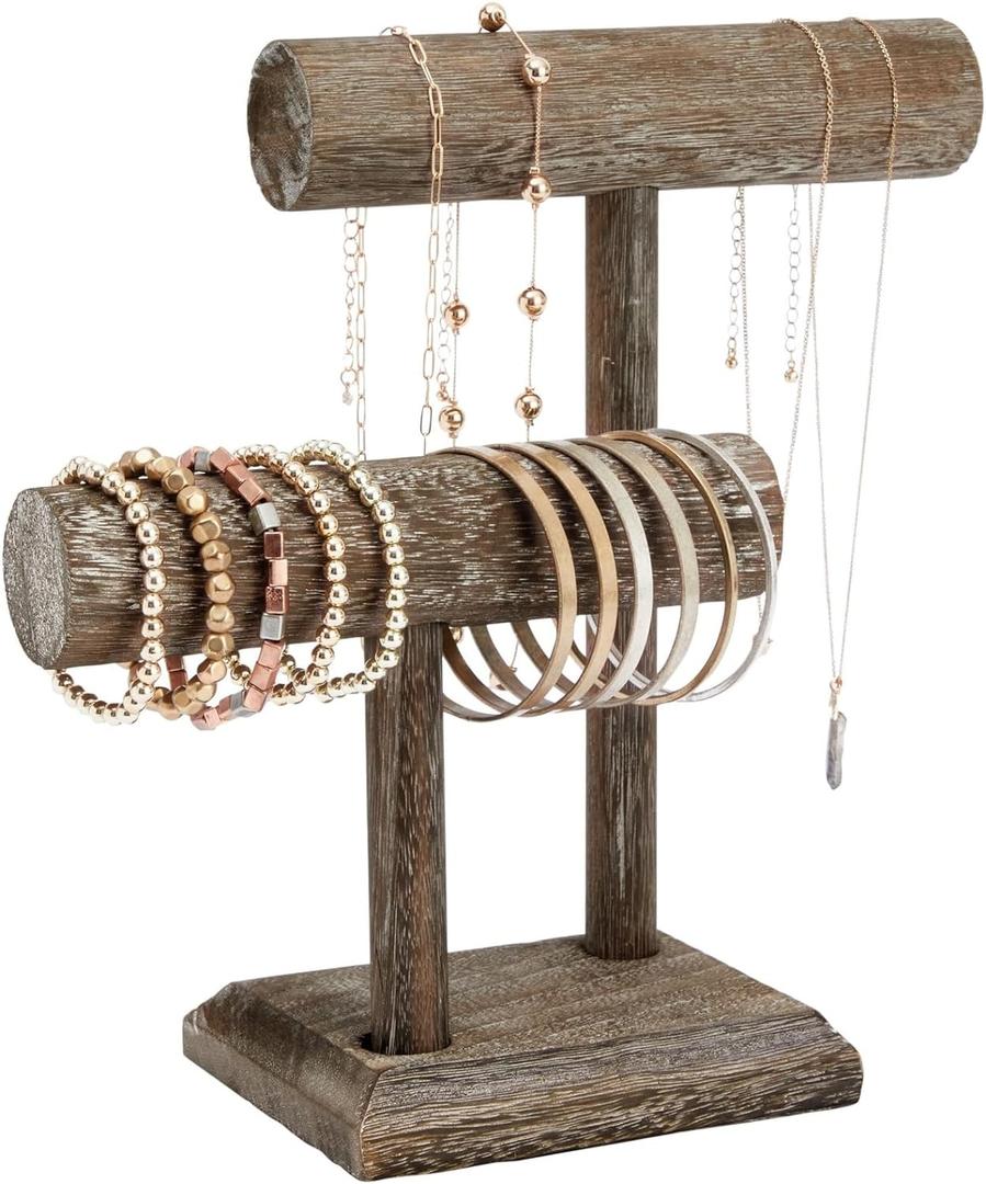 Bright Creations Rustic-Style 2-Tier Wooden Bracelet Holder Display Stand - 8 x 4 x 9 In Dark Brown Rustic Finish - Versatile Jewelry Organizer for Vendors & Home - Bracelet & Necklace Holder