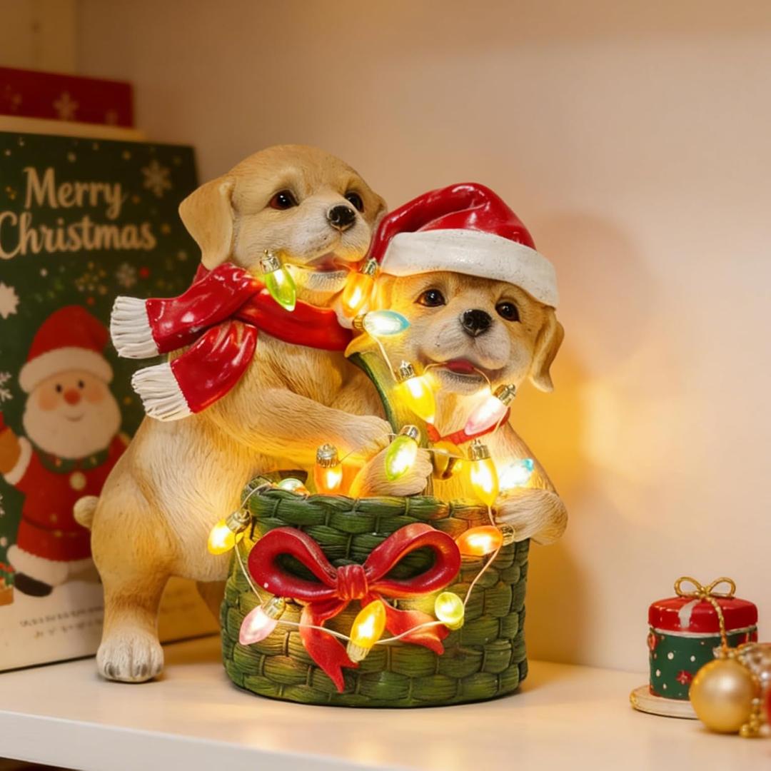 Dog on Box Sculpture -Handmade Resin Figurine, Festive Pet Lover Gift, Holiday Home Decor with Santa Hat