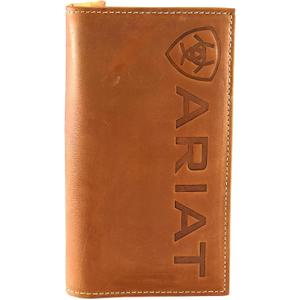 ARIAT Men's Rodeo Style Wallet, Genuine Leather with Debossed Logo, Multiple Card Slots, ID Window, Medium Brown