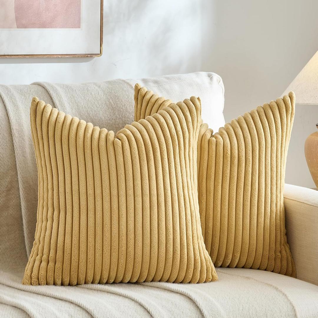 Fancy Homi Set of 2 Mustard Yellow Boho Decorative Throw Pillow Covers 20x20 Inch for Bedroom Couch Bed, Soft Fuzzy Cozy Striped Corduroy Cushion Case, Bohemian Home Decor, Bohemian Fall Home Dcor