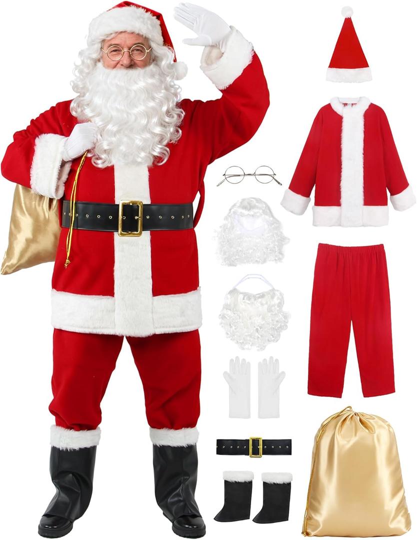 LETIME Santa Claus Costume for Men - 10-Piece Deluxe Santa Suit for Adults, Professional Christmas Santa Outfit (Large)
