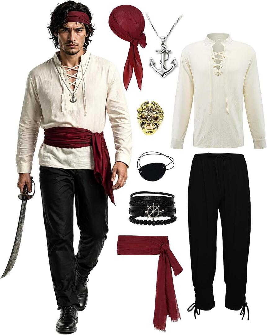 Men’s Pirate Costume Set, 8-Piece Renaissance Medieval Outfit Accessories, Small