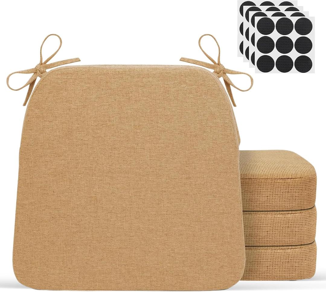 Chair Cushions for Dining Chairs - 17" x 16" x 2" D-Shaped Indoor Seat Cushions - Non Slip Chair Pads with Removable Ties and Washable Cover Set of 4 - Chair Leg Pads Included - Khaki