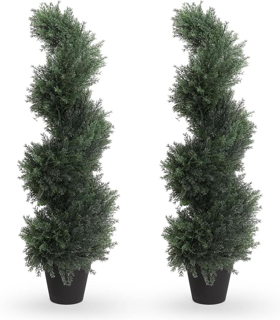 THE BLOOM TIMES 3ft Spiral Artificial Topiary Trees Set of 2, 36 inch Faux Cedar Trees for Outdoor Planters - Fake Twist Cypress Plants for Garden Front Porch Indoor Outside Christmas Decor 3 Foot (Cedar Dark Green)