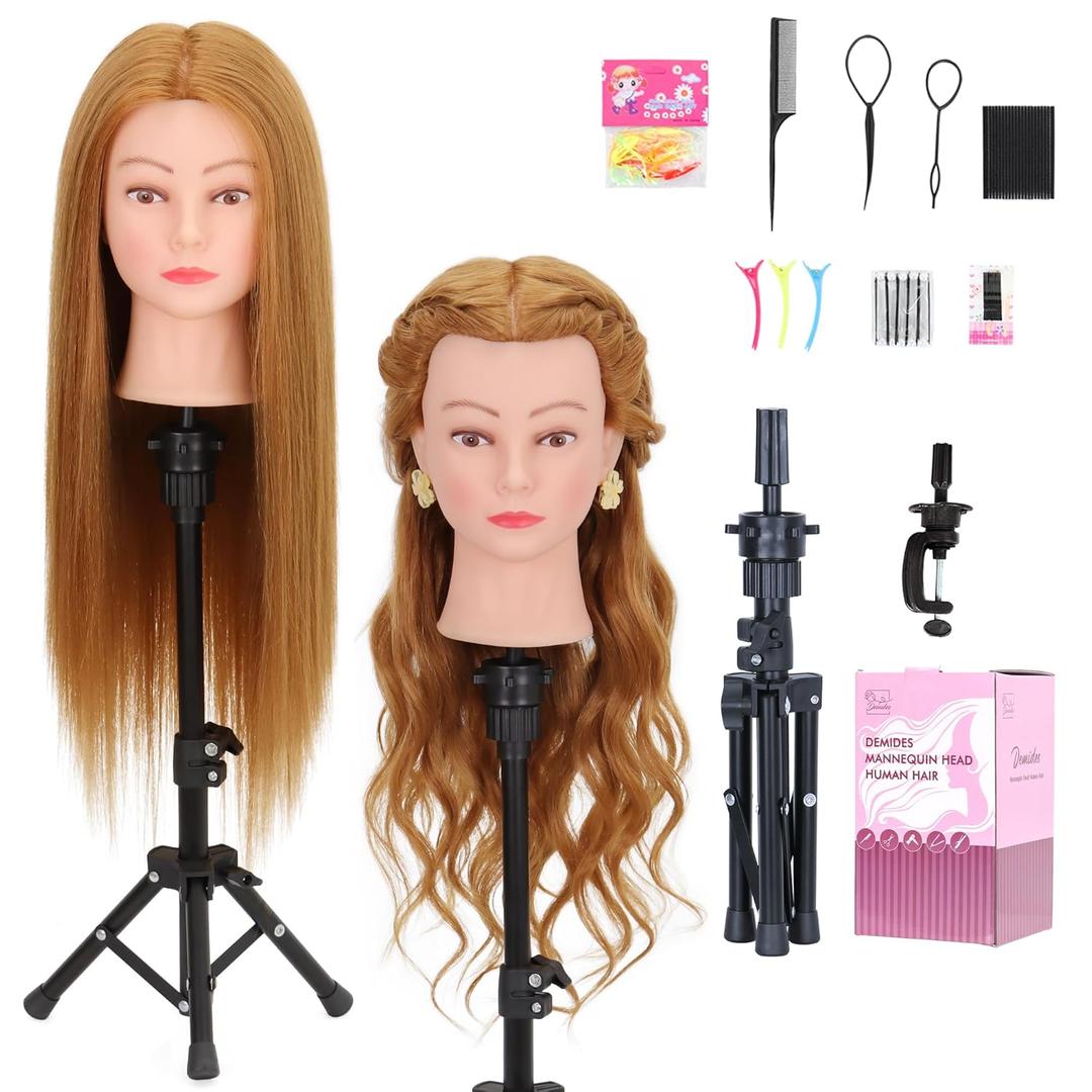 26-28 Mannequin Head with 80% Human Hair with Adjustable Tripod Stand, Cosmetology Doll Head for Braiding, Mannequin Head Human Hair for Hairdressers Practice Hairstyling with Tools