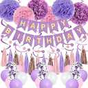 Purple Pink Birthday Party Decorations for Women Girls with Happy Birthday Banner,Hanging Swirls,Tissue Paper Pompoms,Circle Dots Garland,Tassel Garland Purple Balloons