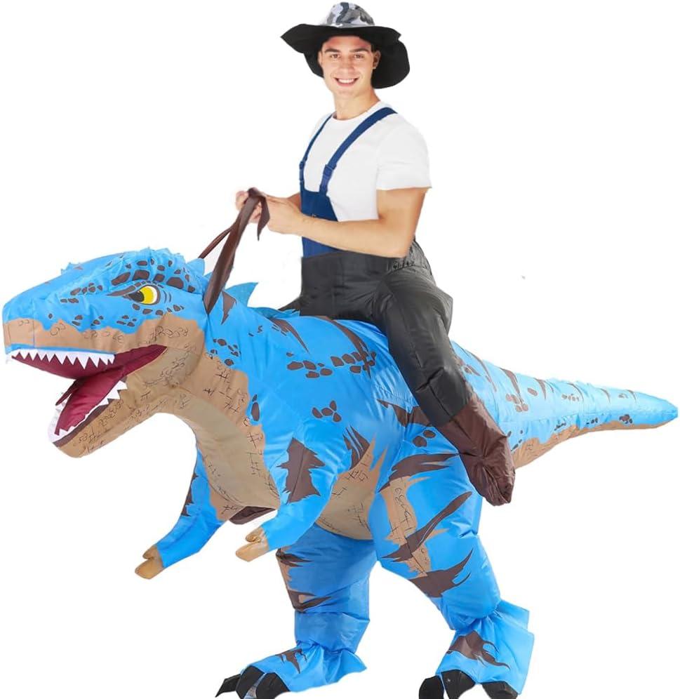 MXoSUM Adult Dinosaur Costume Inflatable Riding T- rex costume Funny Dino Blow up Costume Suit for Halloween Party Cosplay (Blue)