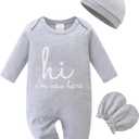 Cute Newborn Unisex Baby 100% Cotton Long Sleeve Onesie Coming Home Outfits,Soft Romper with Mittens & Hat (Gray)